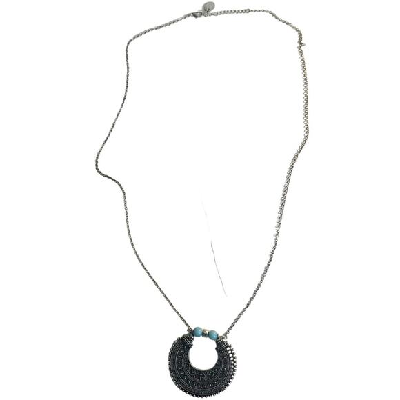 ZAD Silvertone & Turquiose Bead Statement Necklace Long Pendant Boho Bohemian - Picture 3 of 9